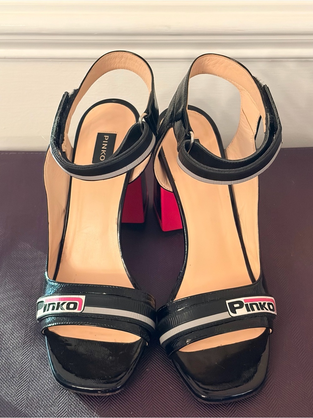 PINKO RAME Patent Leather Block High Heels In Fuchsia And Black Womens EU 39 - Picture 8 of 15